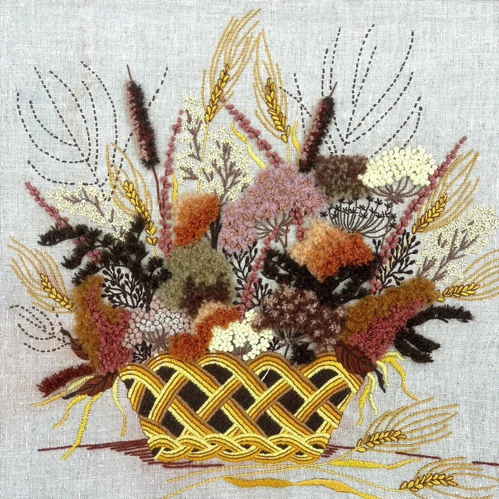 Vtg Latch Hook Rug Wall Hanging Handmade Fall‎ Basket Framed Art 26